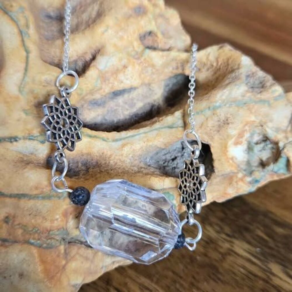 Aromatherapy Necklace with Faceted Clear Acrylic Bead & Floral Connectors